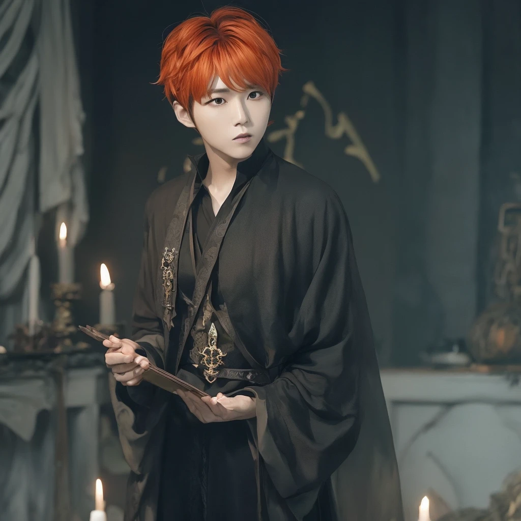 Hyunjun hur actor and kpop idol more realism in hair and clothing hair orange, Generate an image of a Korean Kpop idol with bright orange hair, dressed in a black shirt and a tunic of the same color, surrounded by dark witches and warlocks in a coven. The background must be dark and gloomy, lleno de velas y witchcraft symbols.Create a visual representation of a Korean Kpop actor, with a spinal crown on his head, dressed in a black tunic and black shirt in a coven setting. Around it, dark witches casting curses, with a shadowy forest full of candles as a backdrop.Produces an image where a Korean Kpop idol, recognizable by his bright orange hair, is immersed in an environment of witchcraft and curse. He is dressed in a black tunic and a dark shirt, surrounded by wizards and witches in a dark forest full of magical symbols.Korean kpop idol actor who is dressed in a black shirt, black tunic, with a crown of thorns on his head, he is in a witches coven, all dark witches, curse and witchcraft, the background that is dark dark, a black background in a forest full of candles and spells, witchcraft symbols, bright orange hair amidst candles at a coven.
