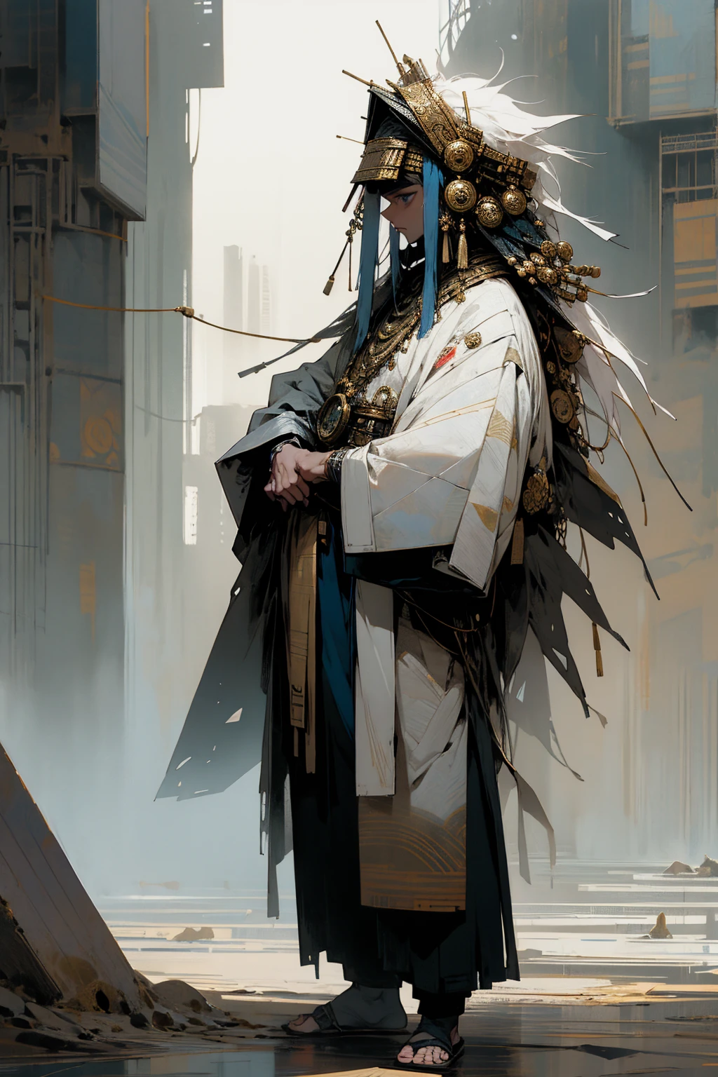 1male, white black hair, blue eyes, faded sides, gold headband, serious expression, white haori with designs, (city background), detailed background, hands to side, standing on path
