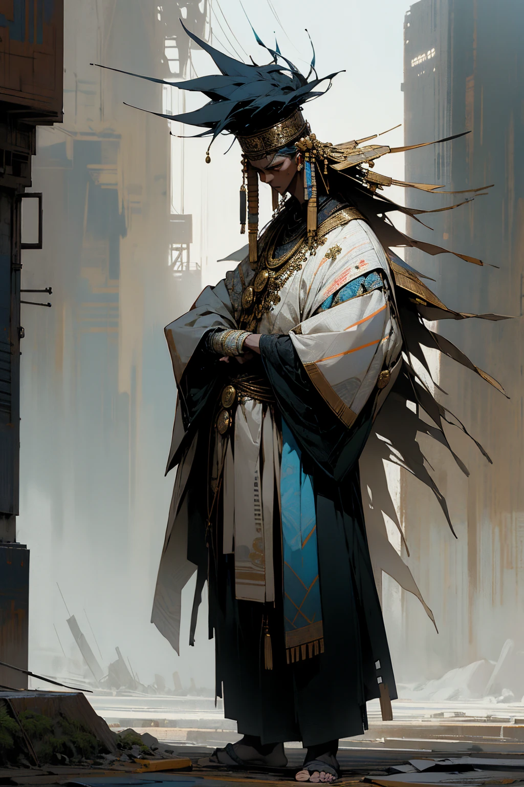 1male, white black hair, blue eyes, faded sides, gold headband, serious expression, white haori with designs, (city background), detailed background, hands to side, standing on path