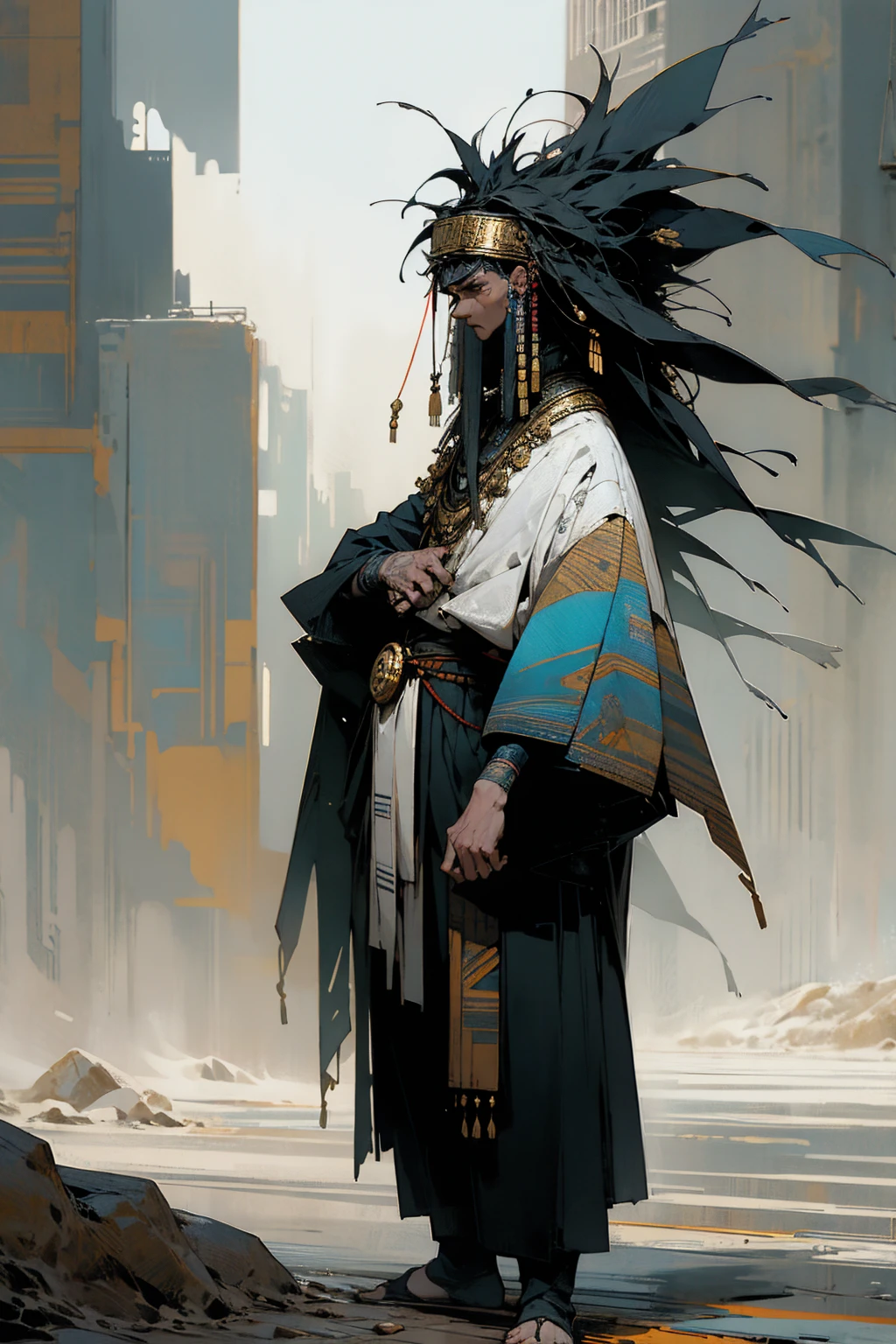 1male, white black hair, blue eyes, faded sides, gold headband, serious expression, white haori with designs, (city background), detailed background, hands to side, standing on path
