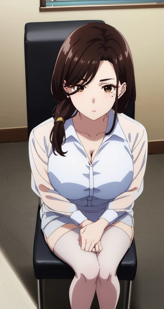 Highest quality, High resolution, From above, (avert your eyes:1.2), Junior-chan, One girl, Brown Hair, Brown eyes, Long Hair, Mole under the eye, Large Breasts, Black Hair, bangs, skirt shirt, Cleavage, clavicle, (See-through white shirt:1.5), pantyhose, indoor, High heels, Pencil Skirt, High Waist Skirt, office, Focus Only, Cowboy Shot, window, Chair, Sitting,(Wide legged:1.5), Low Ponytail