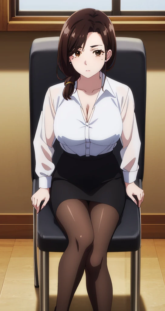 Highest quality, High resolution, From above, (avert your eyes:1.2), Junior-chan, One girl, Brown Hair, Brown eyes, Long Hair, Mole under the eye, Large Breasts, Black Hair, bangs, skirt shirt, Cleavage, clavicle, (See-through white shirt:1.5), pantyhose, indoor, High heels, Pencil Skirt, High Waist Skirt, office, Focus Only, Cowboy Shot, window, Chair, Sitting,(Wide legged:1.5), Low Ponytail