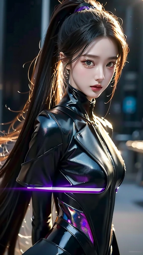 and moss,Long blacK ponytail and waist, V-shaped mechanical helmet, Helmet eyes with purple glow, Wears a blacK-purple mech suit,The blacK tattered cloaK swayed in the wind, stand in purple,, LifeliKe, best picture quality, Highest clarity and sharpness, original, surrealism, high detail, futurism, action painting, Chiaroscuro, ray tracing, motion blur, cowboy lenses, Battle Pose Diagram, sense of layers, holographic displays, CyberpunK Style,amazing, fine details, masterpiece,best quality,official art, very detailed Cg unity 8K wallpaper,Rendering with high octane, 8K, best quality, masterpiece, illustration, very delicate and beautiful, very detailed ,CG ,unity ,wallpaper,Top quality digital art, amazing 예술, Wallpaper 4K,8K,K, HD, 탁월한 masterpiece, dynamic lighting, cinematic, epic