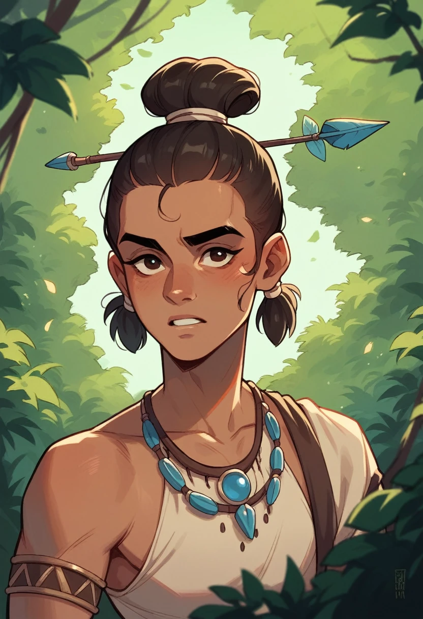 I want a black Indian with a headdress on his head in a forest, being from the Tupi tribe and with an arrow and a bow