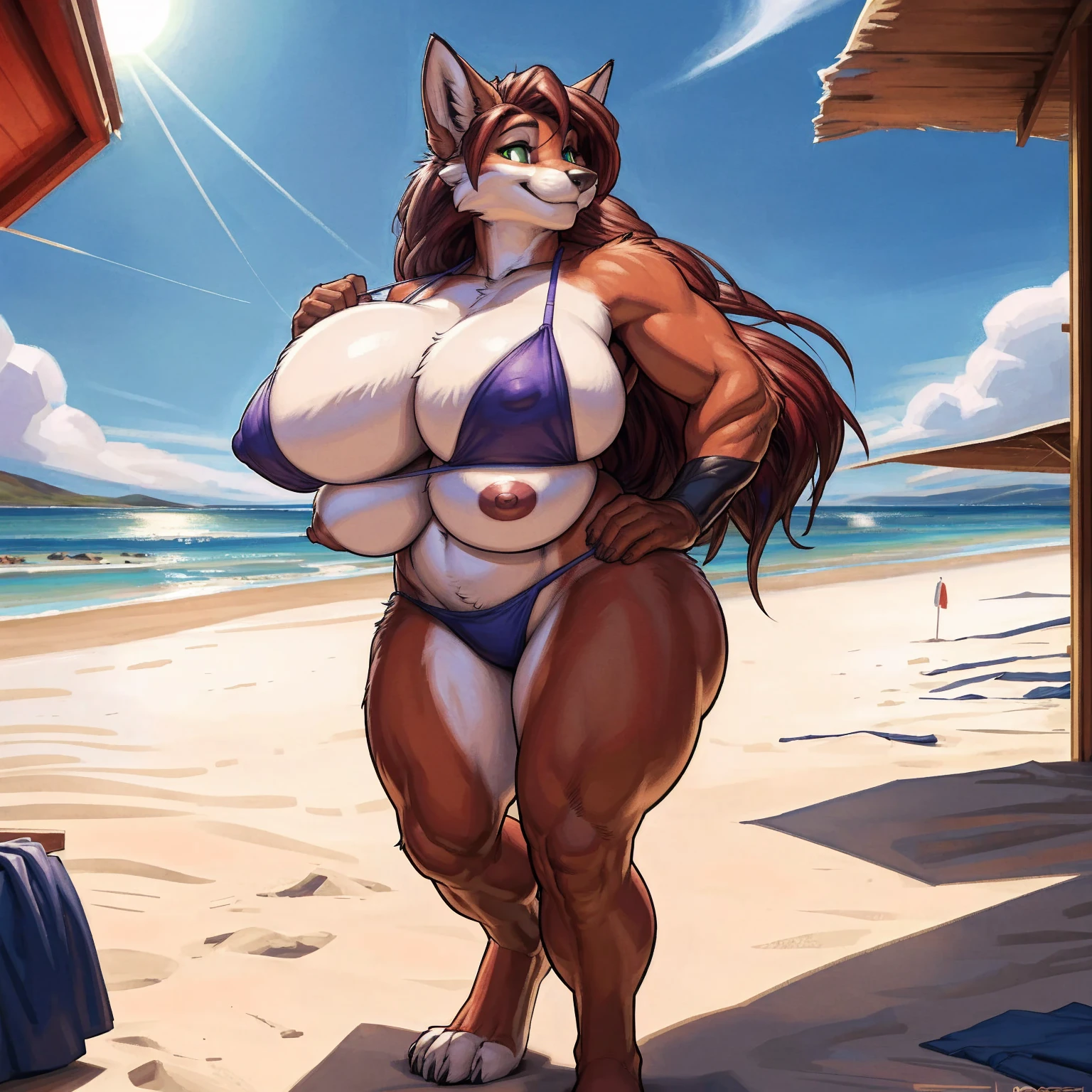 8K, ((masterpiece)), ((stunning artwork)), (carefully drawn), (highly detailed), uploaded to e621.net, solo, by darkgem, by meesh, by duase, by boosterpang, (by wfa:0.8), vixen, short woman, shortstack, older woman, milf, curvy, thick, orange fur, white markings, dark red hair, long hair, green eyes, perfect eyes, (four breasts:1.4), (quadboob:1.2), top breasts are larger, hyper breasts, nipple outline, large areolae, bikini, barefoot, standing upright, digitgrade, four toes, smiling, beachside, crowded beach, sunny day,