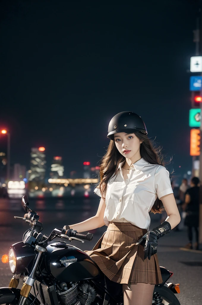 (((best quality))),(((ultra detailed))),(((masterpiece))),illustration,(1 beautiful girl,solo),((slim,thin)),((small breasts,flat chest)),(safety helmet:1.3),shoulder length straight bob hair,slender legs,cyberpunk, urban street,high school student, JK outfit,(riding on a motorcycle:1.3), sleek, (white collared short-sleeved shirt:1.3),(gloves:1.2),(red checkered pleated skirt:1.3),(pantyhose:1.3), stylish boots, confidence, determination, dark streets,neon lights, skyscrapers, urban noises, traffic, sirens, city sounds, futuristic, dystopian society, technology, fashion, explosive cocktail, style, , modernity, attitude, spirit, anything is possible,from front