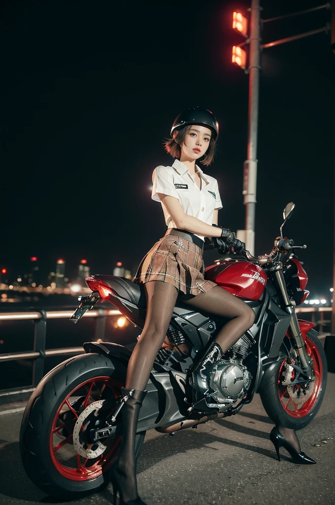 (((best quality))),(((ultra detailed))),(((masterpiece))),illustration,(1 beautiful girl,solo),((slim,thin)),((small breasts,flat chest)),(safety helmet:1.3),shoulder length straight bob hair,slender legs,cyberpunk, urban street,high school student, JK outfit,(riding on a motorcycle:1.3), sleek, (white collared short-sleeved shirt:1.3),(gloves:1.2),(red checkered pleated skirt:1.3),(pantyhose:1.3), stylish boots, confidence, determination, dark streets,neon lights, skyscrapers, urban noises, traffic, sirens, city sounds, futuristic, dystopian society, technology, fashion, explosive cocktail, style, , modernity, attitude, spirit, anything is possible,from front