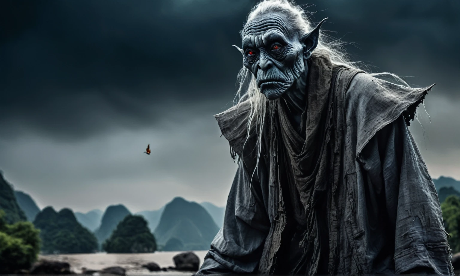 full body length shot,beggar graphite Manganite sparas, wants eat,survival in Korean city of future,Cinematic,soft colors, Technicolor,natural skin textures, hyper realism, hyper detailed,Extremely detailed,High contrast,Masterpiece,Realistic,Ultra Detailed, intricate details,realistic humid leather,extremely intricate,Epic Realistic, cinematic style,irina yermolova,high contrast,hdr,extremely detailed, [deep night landscape],masterpiece,intricate details,faded,eyes extremely detailed, high detailed eyes,16k resolution,RAW,retina, Nikon Z9,China,Songbird,orc,Li River in Guangxi Zhuang of China,tkt style, Pisces, pointed ears，perfect, ginger，transition between two art styles, Ink painting to photorealism, Double contact, X-ray, Creative, vivid light, masterpiece, fantasy, Abstract, Surrealism, super detailed, high resolution, stop:35,(((creature with a spectral and ghostly appearance)). Her skin is pale, almost translucent.strange wears dark, torn clothes that float around him, as if permeated by an aura of mourning. Its appearance is complemented by details such symbols of  gothic elements