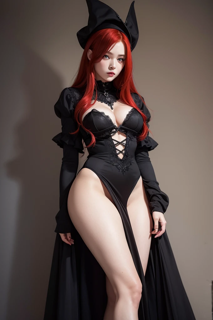 1 girl, redheadwear, breastsout, black witch dress, audacious