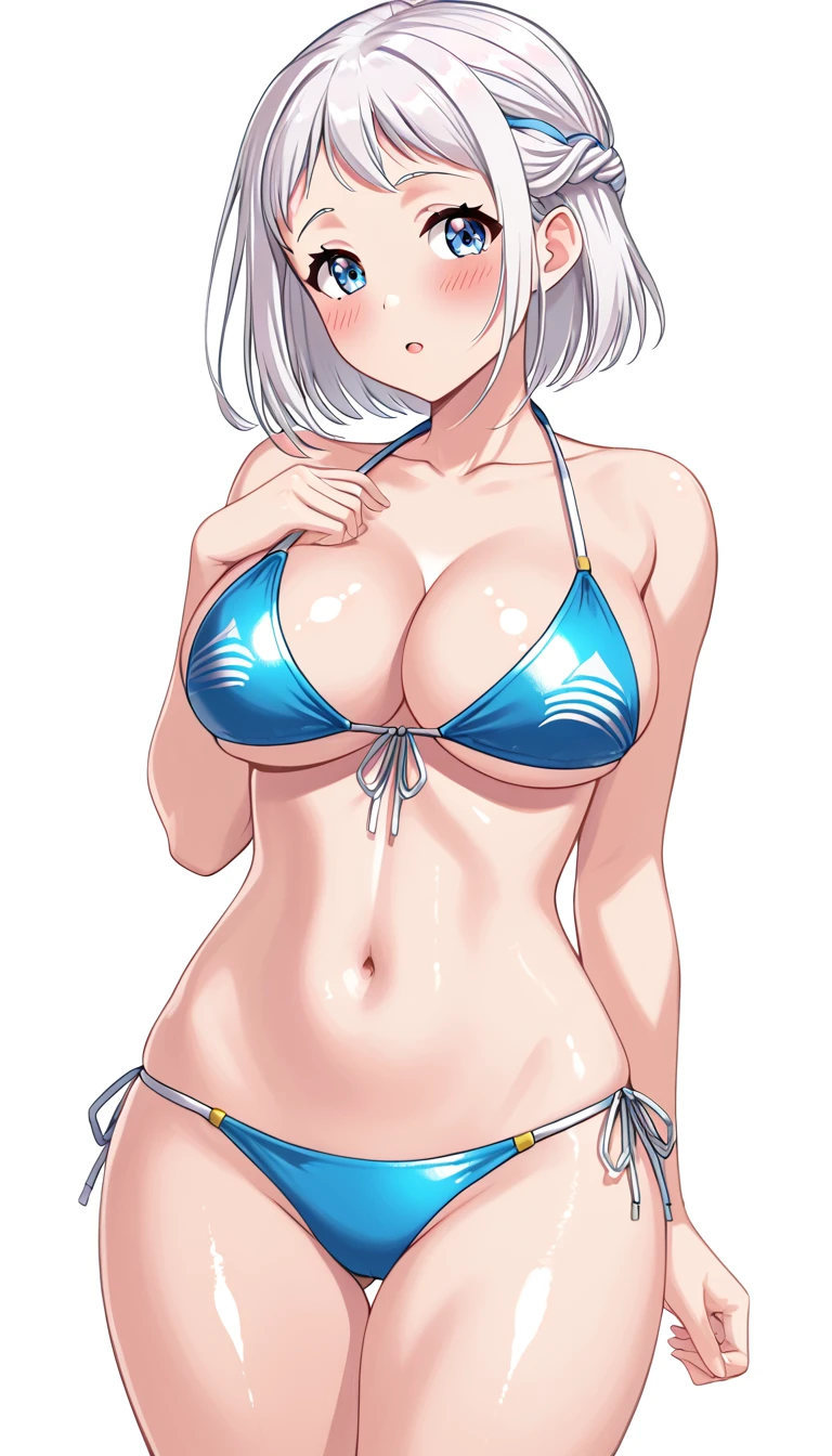 16k,8k,4K, lilja-default , katsuragi lilja,blue eyes,white hair,short hair,braid,bikini,blush,big breast,thick thighs,shiny skin,white background
