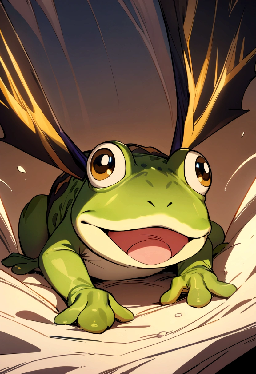 ((best quality)), ((masterpiece)), (detailed), cute, cartoon, frog has bat wing one and eagle wing one, purple and golden tone.