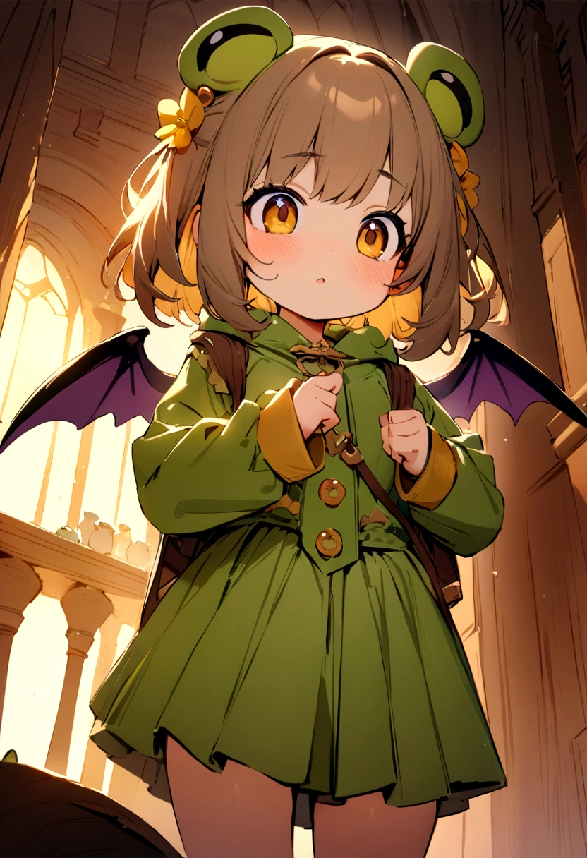 ((best quality)), ((masterpiece)), (detailed), cute, cartoon, frog has bat wing one and eagle wing one, purple and golden tone.