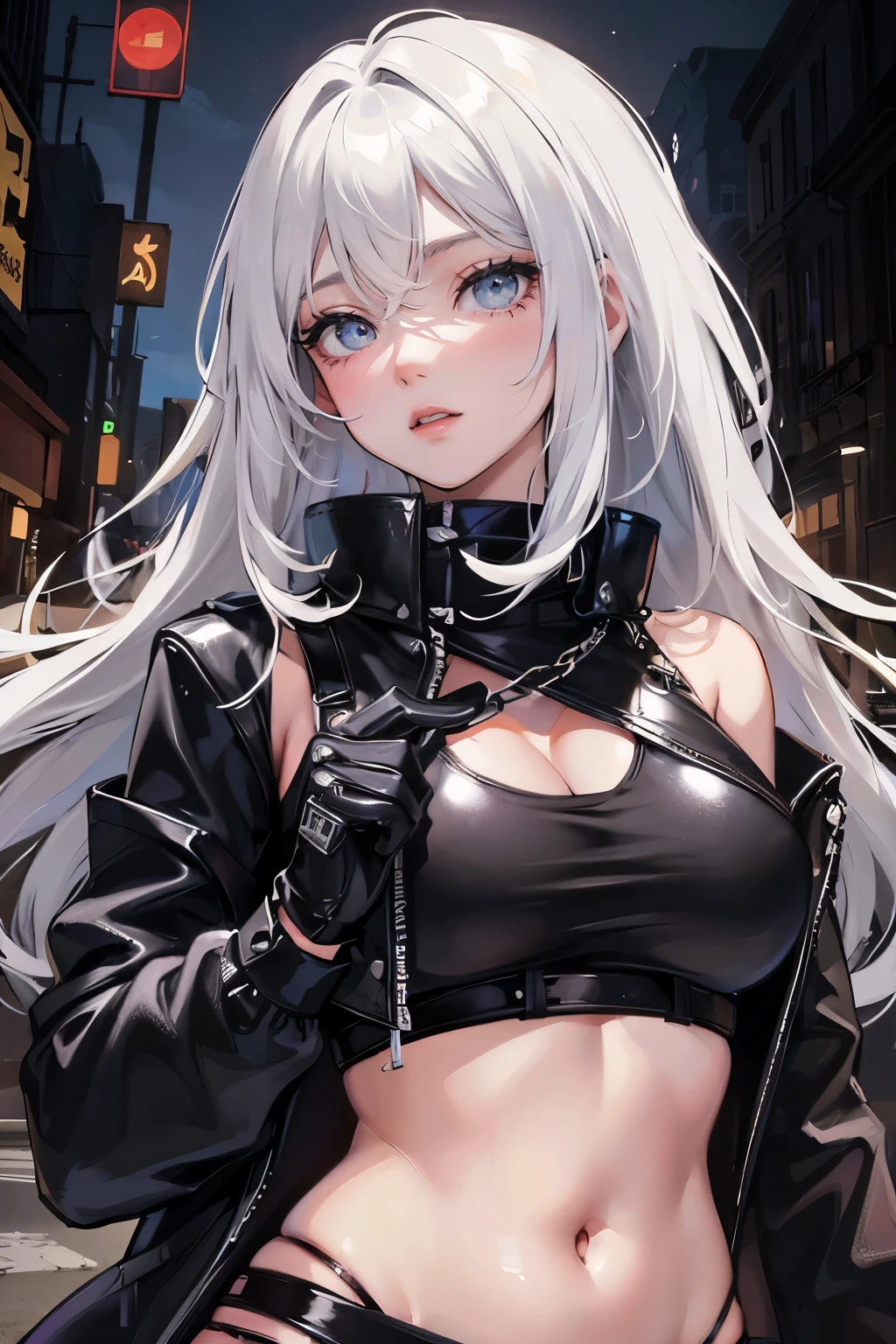 Photograph of the upper body of a beautiful woman, , big breasts, perfect body), Sharp focus, (plump body, mature woman), ((Looking ahead)), (Highly detailed skin, hair follicles:1.4,) (long hairstyle , white hair, Grey eyes) , (black crop top:1.47),(black leather skirts),(fur jacket),chain , Cross necklace , cross chain, city scenery , punk , night light , high quality ,cold expression, one leather gloves , biker style , cool , street wears , light sexy