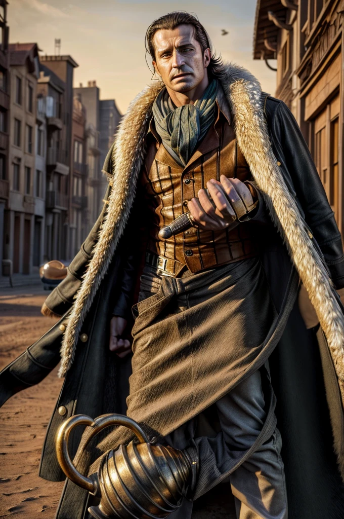 masterpiece, best quality, extremely detailed, hyperrealistic, photorealistic, a cool 40s man, ultra detailed face:1.2, fur-trimmed coat, scarf around the neck, his left hand is a golden pirate hook:1.1, desert, city, arm up, holding sack, outraged