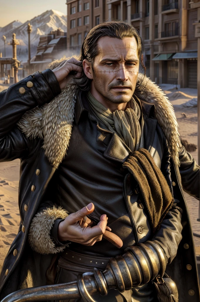 masterpiece, best quality, extremely detailed, hyperrealistic, photorealistic, a cool 40s man, ultra detailed face:1.2, fur-trimmed coat, scarf around the neck, his left hand is a golden pirate hook:1.1, desert, city, arm up, holding sack, outraged
