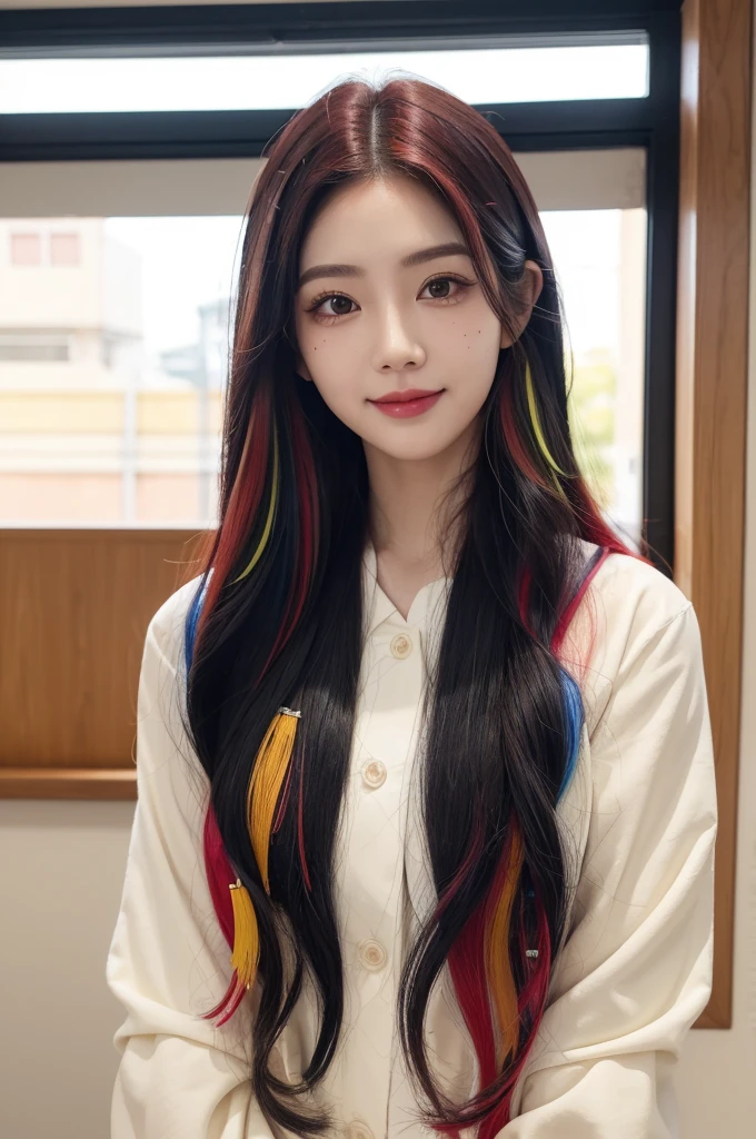 black hair, Long eyelashes, smileเบา ๆ, ivory, hair in lines, multicolored hair, Hair color inside, red hair, Hair clips, Mole under the eye, Students who don&#39;t get along, empty eyes, big breasts, empty eyes, dilated pupils, heart shaped student, smile, shadow, Anaglyph, depth of field, Motion blurred image, Brightness, color field drawing, anime style, 8K, Awesome details,  best quality, UHD, 8K  