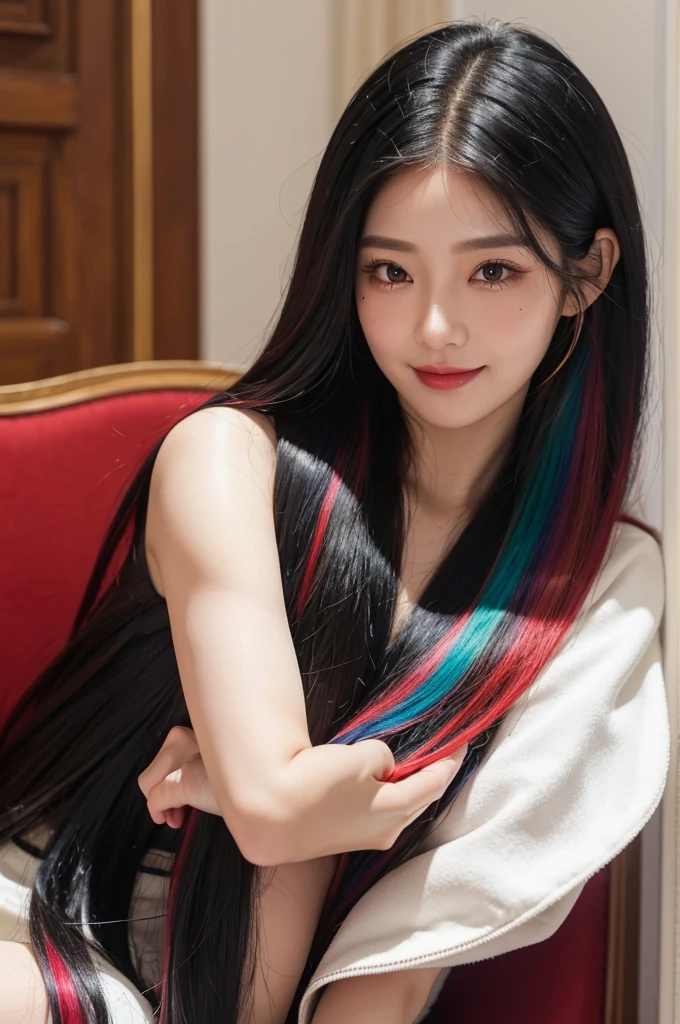 black hair, Long eyelashes, smileเบา ๆ, ivory, hair in lines, multicolored hair, Hair color inside, red hair, Hair clips, Mole under the eye, Students who don't get along, empty eyes, big breasts, empty eyes, dilated pupils, heart shaped student, smile, shadow, Anaglyph, depth of field, Motion blurred image, Brightness, color field drawing, anime style, 8K, Awesome details, best quality, UHD, 8K