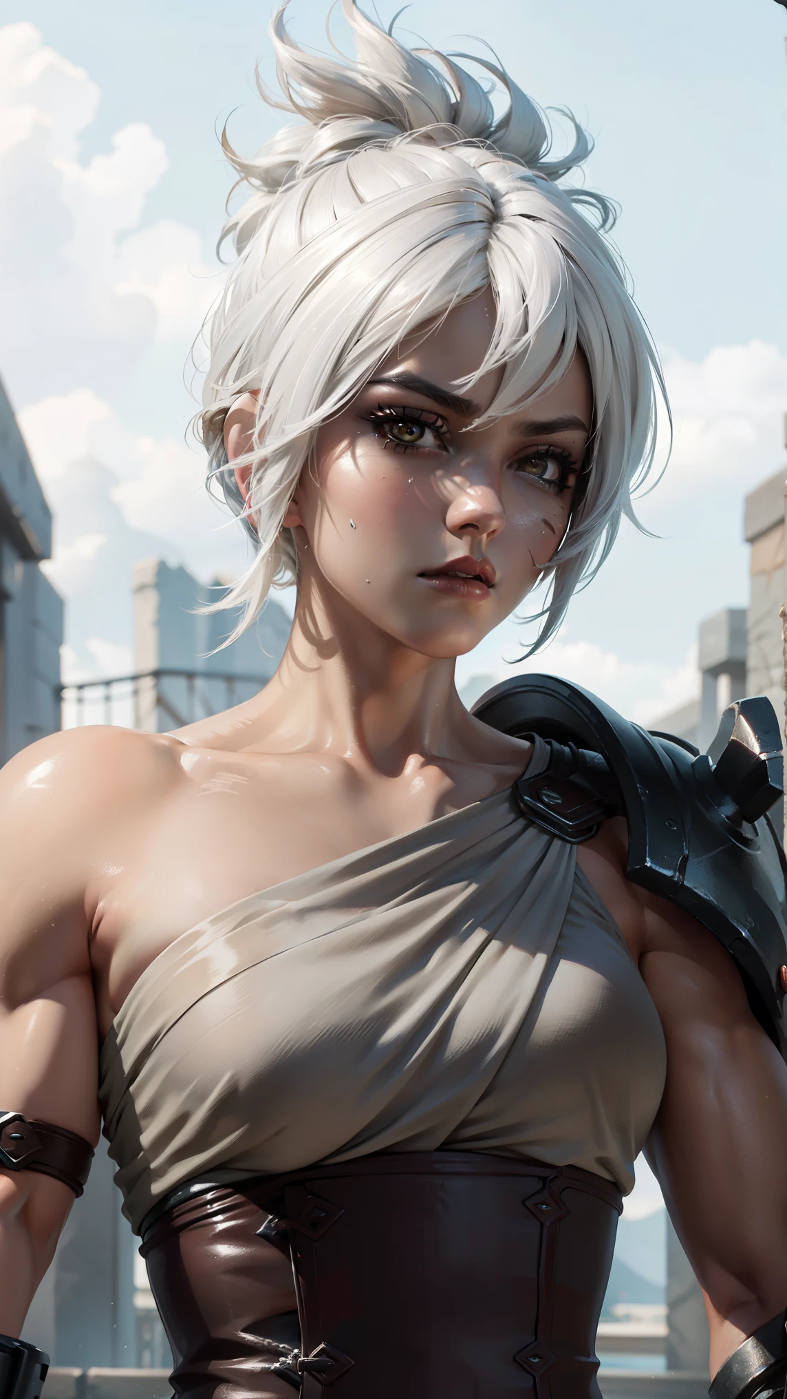 (Masterpiece:1.2), best quality, riven \(league of legends\), 1girl, sarashi, muscular female, abs, white hair, black eyeshadow, bare shoulders, upper body, potrait, 4k, 8k