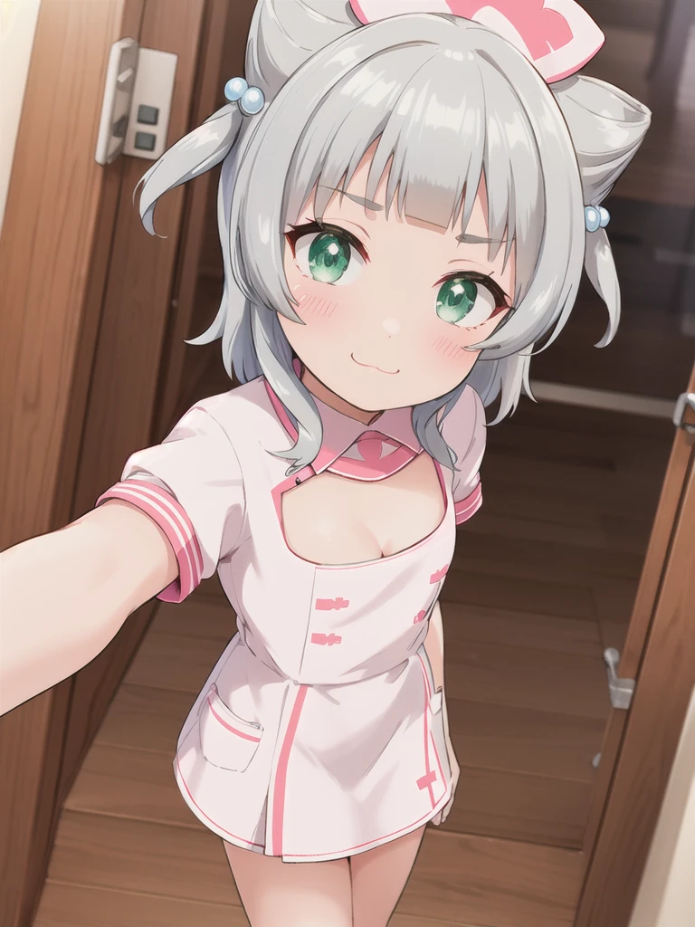 indoor,hospital,hospitalのベッド,Looking down from above,face focus, Green Eyes, Grey Hair, hair ornaments, bangs, Virtual YouTuber, Shine, blunt bangs, Double Bang, Animal ears, Flat Chest,Pink nurse uniform,Nurse hat,blush, (View your viewers),, smile, Are standing,cleavage cutout,1boy,faceless male,male hands,touch her breasts