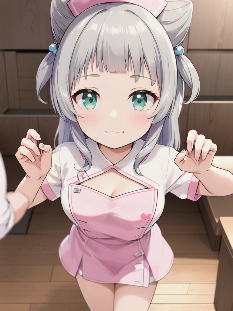 indoor,hospital,hospitalのベッド,Looking down from above,face focus, Green Eyes, Grey Hair, hair ornaments, bangs, Virtual YouTuber, Shine, blunt bangs, Double Bang, Animal ears, Flat Chest,Pink nurse uniform,Nurse hat,blush, (View your viewers),, smile, Are standing,cleavage cutout,1boy,faceless male,male hands,touch her breasts