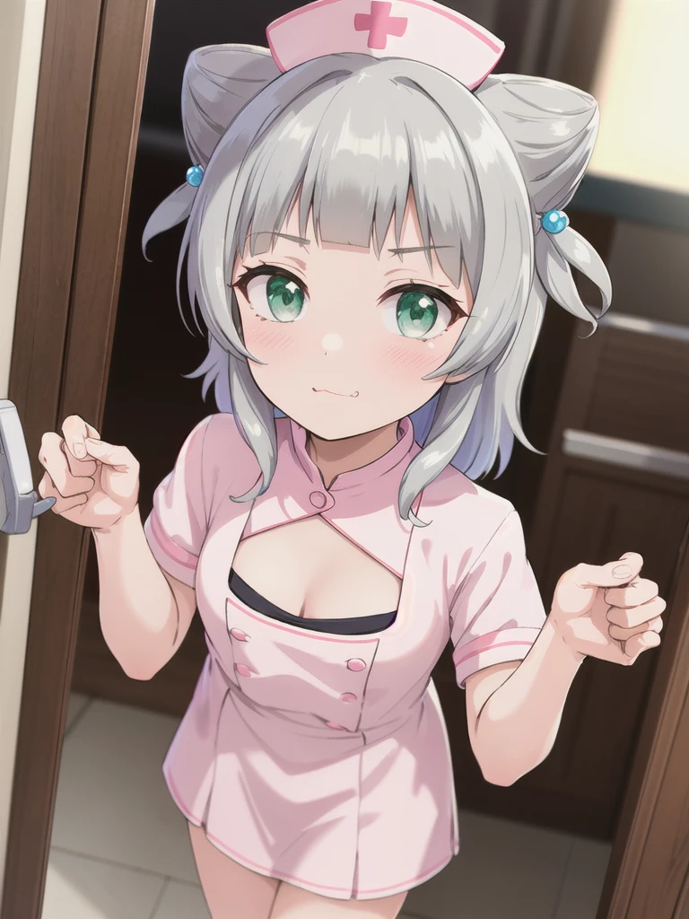 indoor,hospital,hospitalのベッド,Looking down from above,face focus, Green Eyes, Grey Hair, hair ornaments, bangs, Virtual YouTuber, Shine, blunt bangs, Double Bang, Animal ears, Flat Chest,Pink nurse uniform,Nurse hat,blush, (View your viewers),, smile, Are standing,cleavage cutout,1boy,faceless male,male hands,touch her breasts