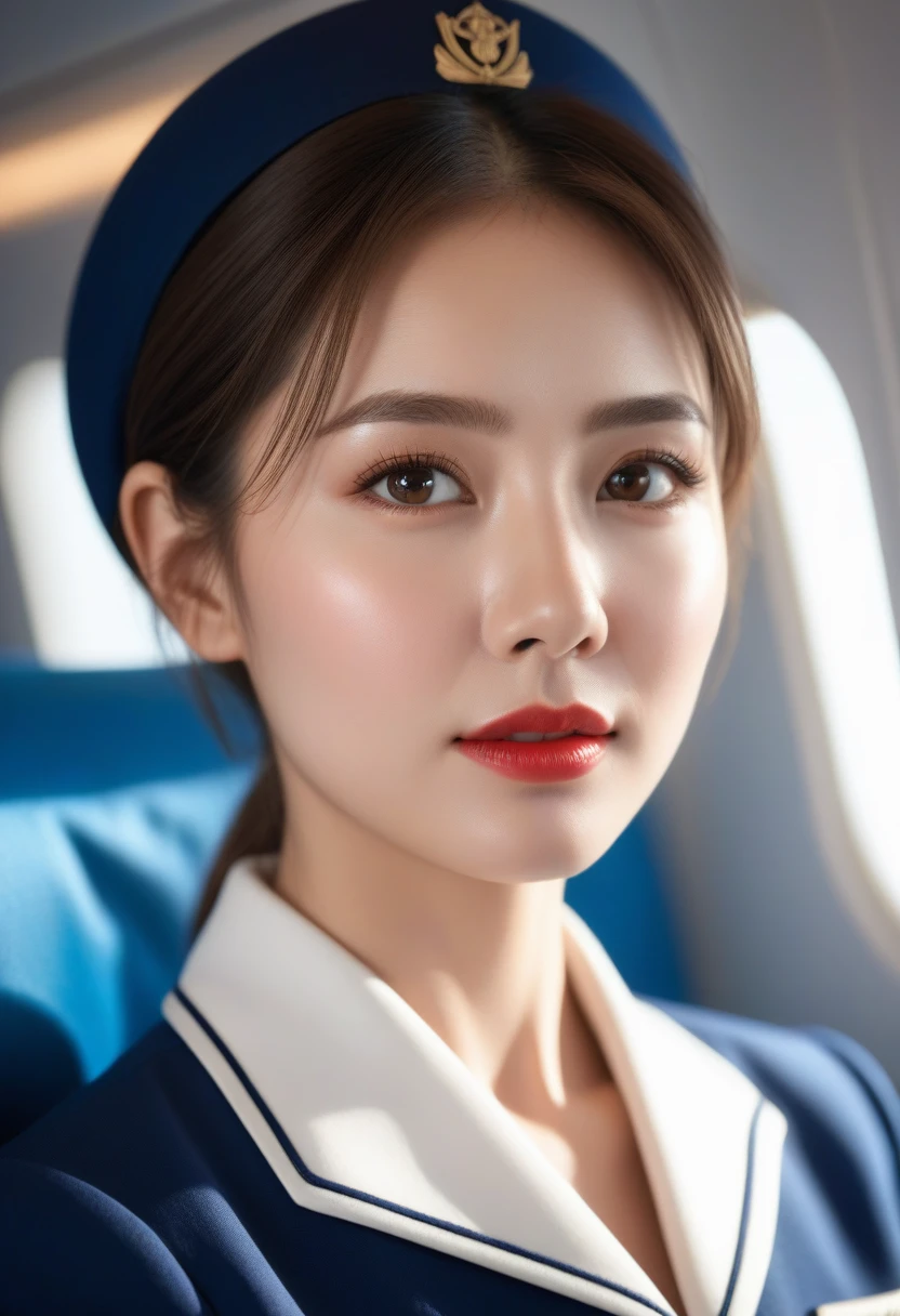 best quality,(original photo:1.2),(masterpiece:1.4),(lifelike:1.4),(high resolution:1.4), 1 girl, Depth of Field, Airline stewardess, Intricate details,8K, Very detailed, Perfect lighting, Epic Background
