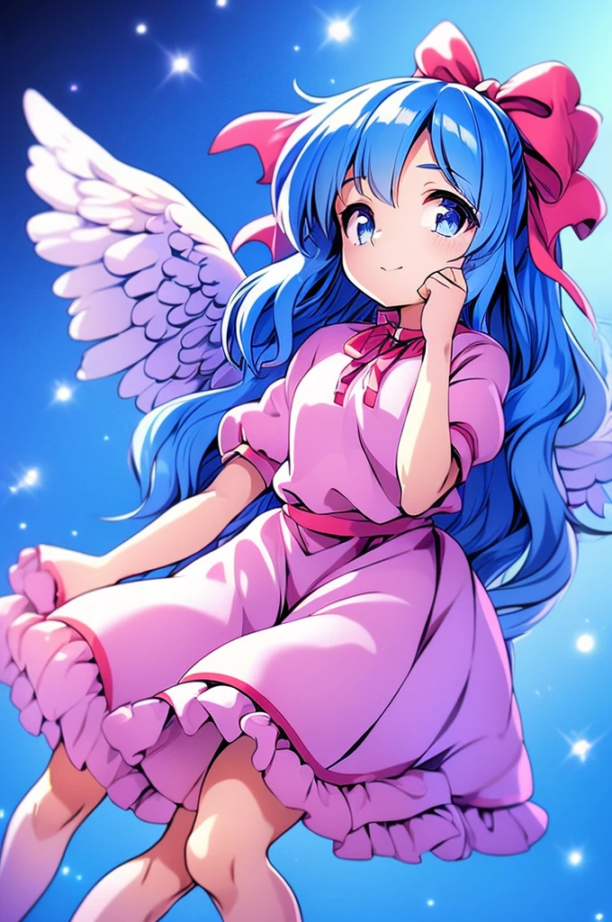 masterpiece, best quality, 1girl, , , 10 years old, medium blue hair, hair flaps, pink ribbon on head, well-formed face, blue eyes, angel girl, white blouse, puffy short sleeves, red ribbon, angel wings, long white skirt, red shoes, frills, ribbon head