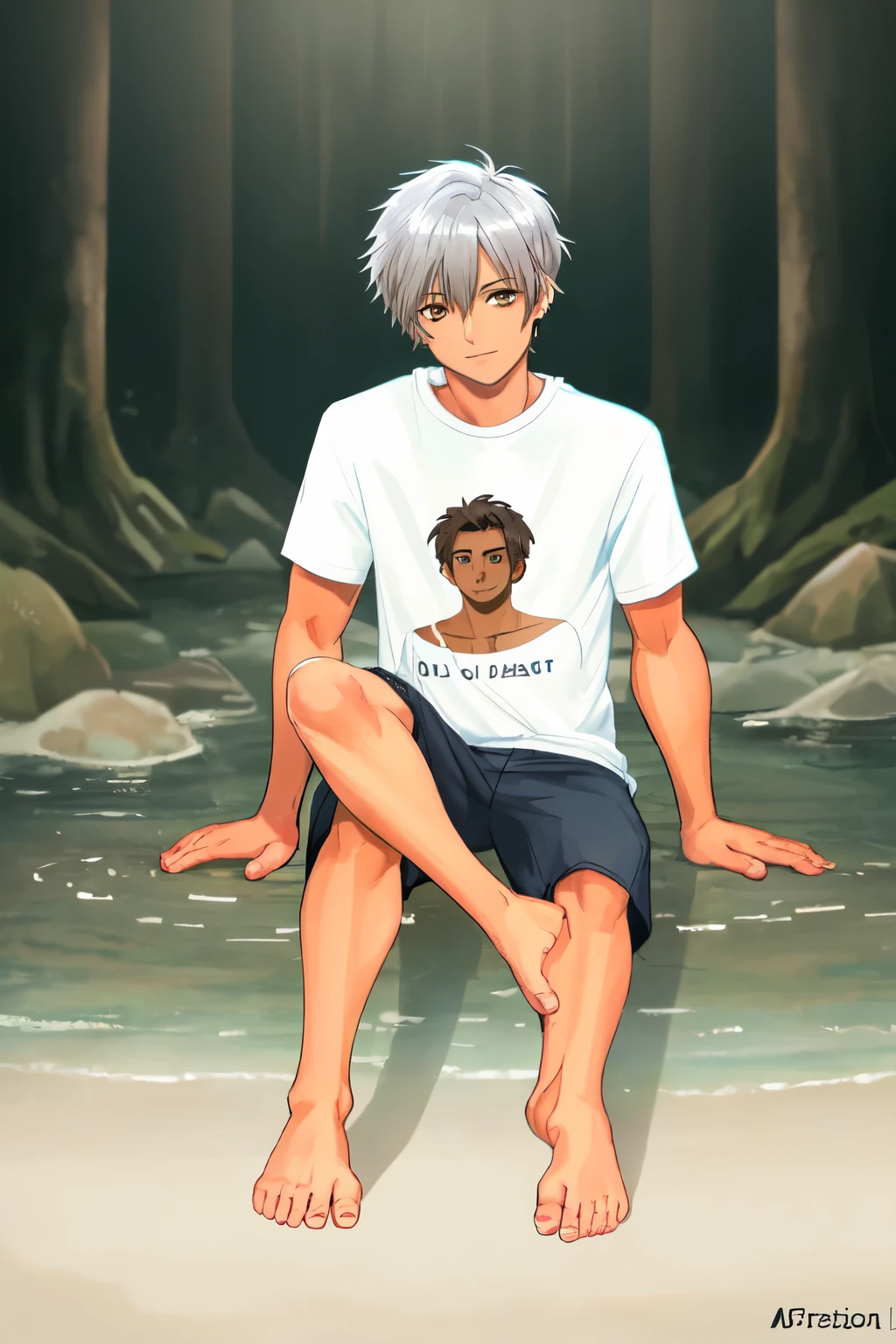 Soft Light,日本人のmale,alone,Astringent,(A shy smile:0.5), (Brown eyes, Light in your eyes),Two Block,30th Generation,Fisherman,male,front,whole body,Short Hair,Gray Hair,T-Shirts,体の全体が入ったfrontから,Down to the toes,Attention posture