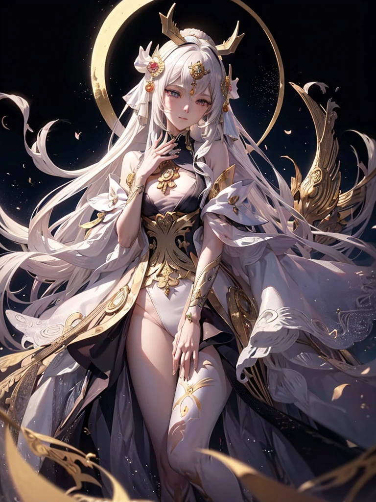 Anime girl with long blond hair and gold jewelry in front of black background, onmyoji detailed art, anime goddess, portrait onmyoji, Onmyoji, white haired god, the goddess artemis smirking, goddess of the moon, intricate gorgeous anime CGI style, Beautiful fantasy empress, Works of the Goddess of Sorrow, goddess of the moon, goddess of the moon