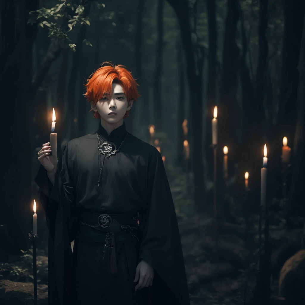 Hyunjun hur actor and kpop idol more realism in hair and clothing hair orange, Generate an image of a Korean Kpop idol with bright orange hair, dressed in a black shirt and a tunic of the same color, surrounded by dark witches and warlocks in a coven. The background must be dark and gloomy, lleno de velas y witchcraft symbols.Create a visual representation of a Korean Kpop actor, with a spinal crown on his head, dressed in a black tunic and black shirt in a coven setting. Around it, dark witches casting curses, with a shadowy forest full of candles as a backdrop.Produces an image where a Korean Kpop idol, recognizable by his bright orange hair, is immersed in an environment of witchcraft and curse. He is dressed in a black tunic and a dark shirt, surrounded by wizards and witches in a dark forest full of magical symbols.Korean kpop idol actor who is dressed in a black shirt, black tunic, with a crown of thorns on his head, he is in a witches coven, all dark witches, curse and witchcraft, the background that is dark dark, a black background in a forest full of candles and spells, witchcraft symbols, bright orange hair amidst candles at a coven. 