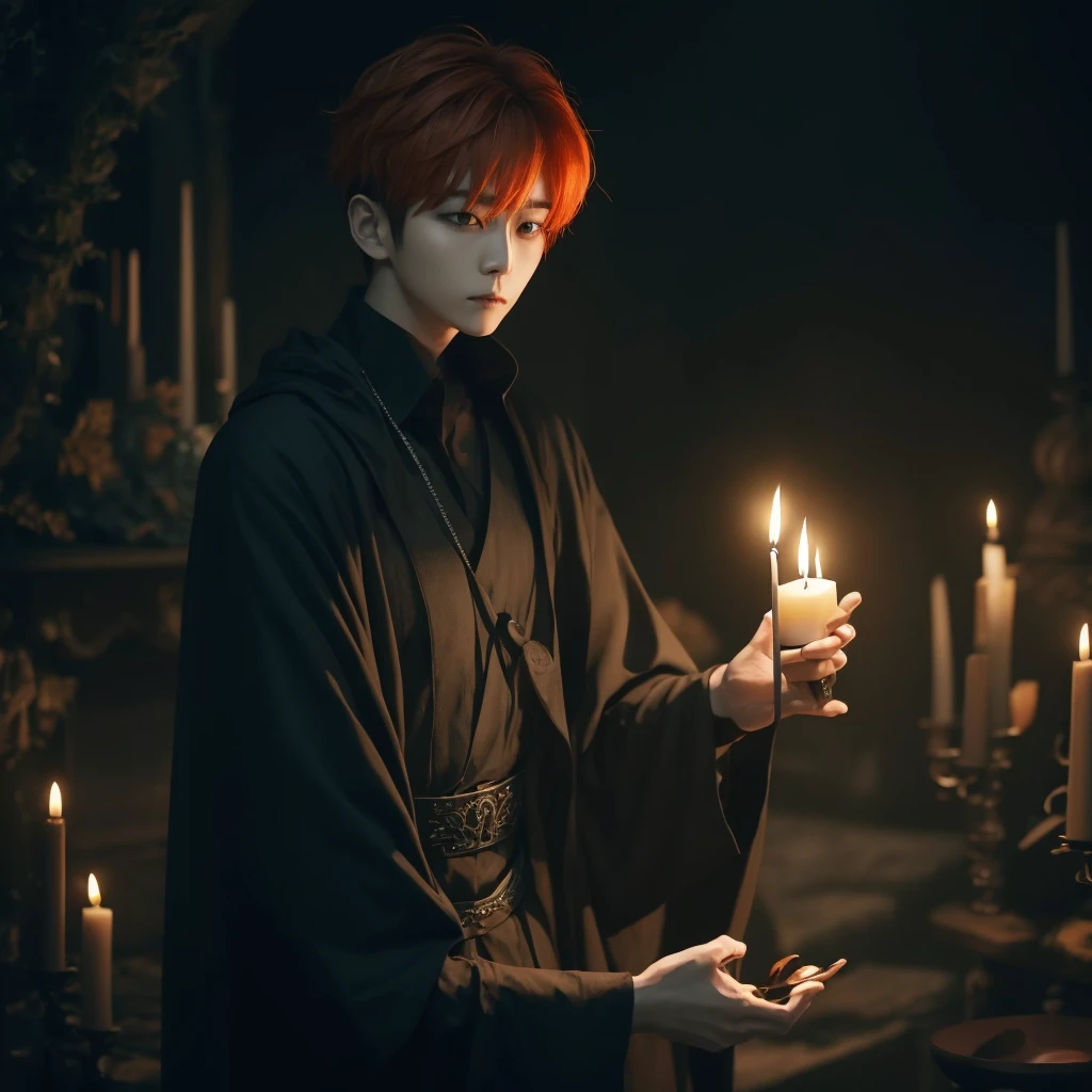 Hyunjun hur actor and kpop idol more realism in hair and clothing hair orange, Generate an image of a Korean Kpop idol with bright orange hair, dressed in a black shirt and a tunic of the same color, surrounded by dark witches and warlocks in a coven. The background must be dark and gloomy, lleno de velas y witchcraft symbols.Create a visual representation of a Korean Kpop actor, with a spinal crown on his head, dressed in a black tunic and black shirt in a coven setting. Around it, dark witches casting curses, with a shadowy forest full of candles as a backdrop.Produces an image where a Korean Kpop idol, recognizable by his bright orange hair, is immersed in an environment of witchcraft and curse. He is dressed in a black tunic and a dark shirt, surrounded by wizards and witches in a dark forest full of magical symbols.Korean kpop idol actor who is dressed in a black shirt, black tunic, with a crown of thorns on his head, he is in a witches coven, all dark witches, curse and witchcraft, the background that is dark dark, a black background in a forest full of candles and spells, witchcraft symbols, bright orange hair amidst candles at a coven. 