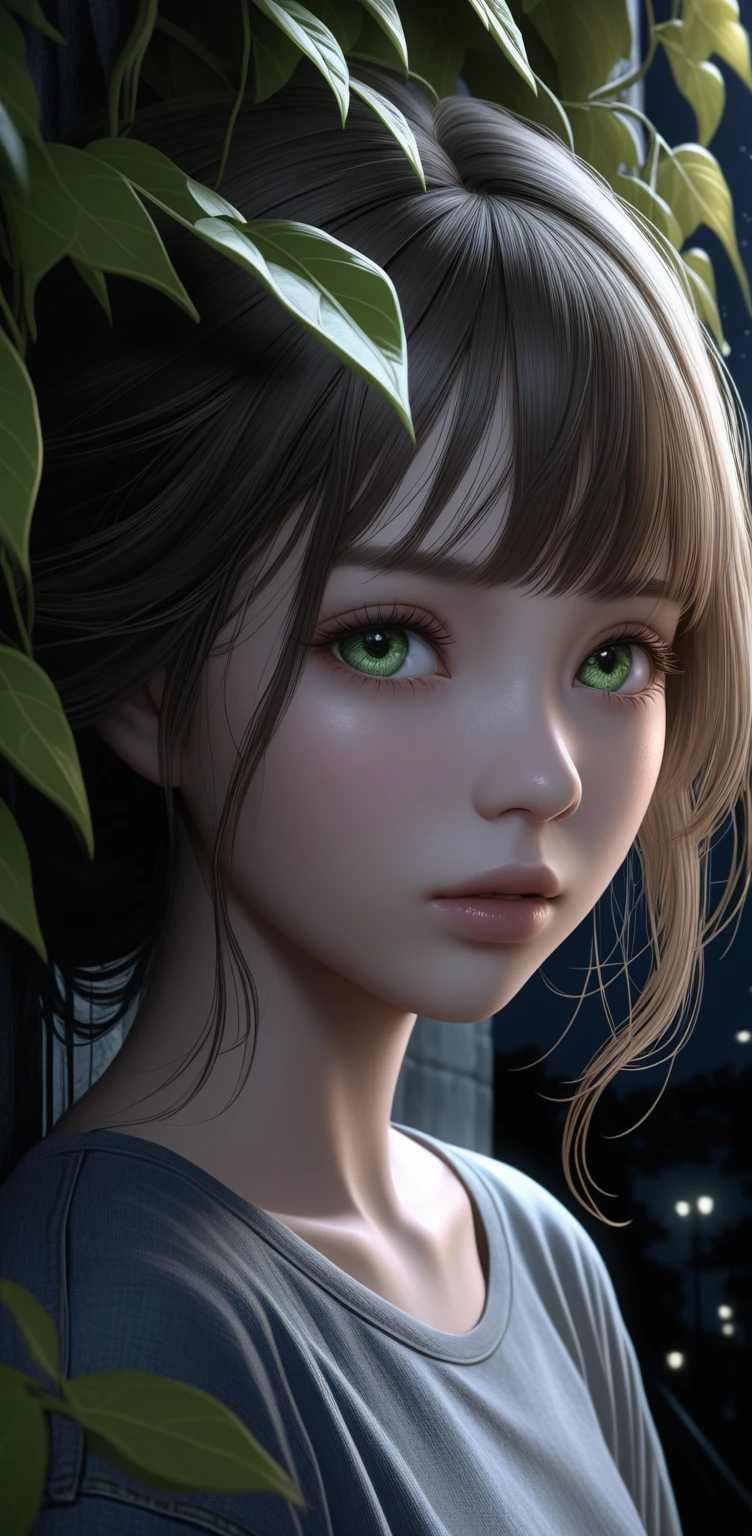 cute anime girl, 1girl, sleeping, closed eyes, open mouth, tree branches, big green vines around neck, large spider web, dark night alley background, (best quality,4k,8k,highres,masterpiece:1.2),ultra-detailed,(realistic,photorealistic,photo-realistic:1.37),detailed facial features, highly detailed skin, delicate facial features, beautiful detailed eyes, beautiful detailed lips, extremely detailed eyes and face, long eyelashes, (t-shirt and denim skirt:1.2), soft lighting, moody lighting, dark colors, atmospheric, ethereal, dreamlike, surreal, haunting, beautiful, intricate, elegant, delicate