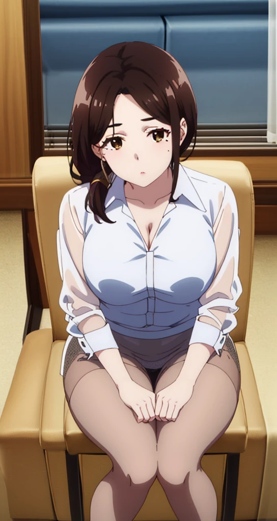 Highest quality, High resolution, From above, (avert your eyes:1.2), Junior-chan, One girl, Brown Hair, Brown eyes, Long Hair, Mole under the eye, Large Breasts, Black Hair, bangs, skirt shirt, Cleavage, clavicle, (See-through white shirt:1.5), pantyhose, indoor, High heels, Pencil Skirt, High Waist Skirt, office, Focus Only, Cowboy Shot, window, Chair, Sitting,(Wide legged:1.5), Low Ponytail、Show your underwear