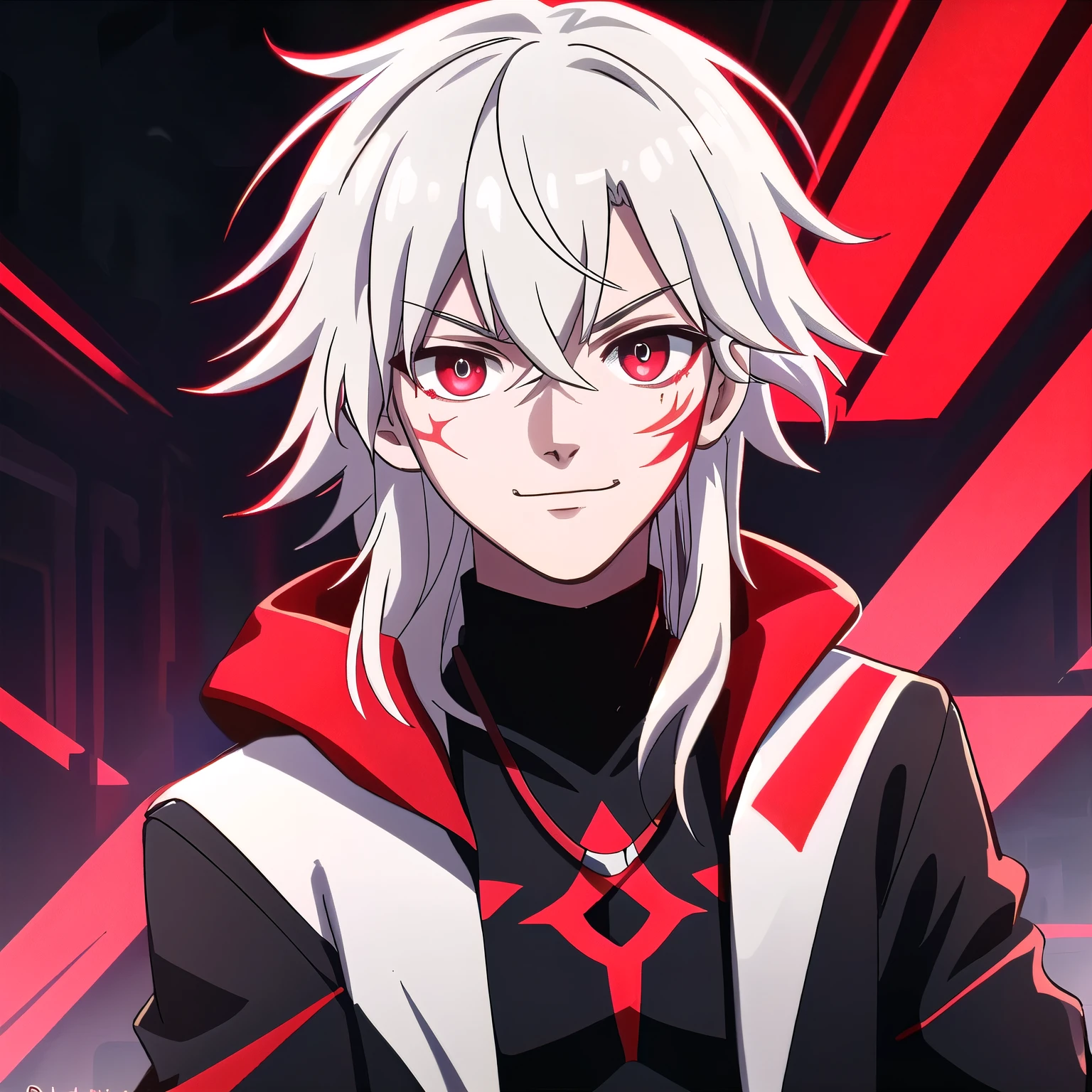 (high-quality, breathtaking),(expressive eyes, perfect face) portrait, Symmetrical Eyes, 1boy, male, ager, solo, looking at viewer, portrait, black background, red and black magic background, allen walker, red eye color, white hair, scar, facik, halfbody shot, long hair length, confident expression, charming, black purple jacket, hood, red trim, smirk, cyberpunk, Abzu