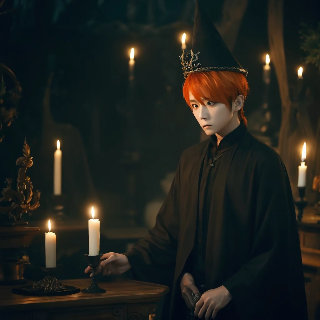 Hyunjun hur actor and kpop idol more realism in hair and clothing hair orange, Generate an image of a Korean Kpop idol with bright orange hair, dressed in a black shirt and a tunic of the same color, surrounded by dark witches and warlocks in a coven. The background must be dark and gloomy, lleno de velas y witchcraft symbols.Create a visual representation of a Korean Kpop actor, with a spinal crown on his head, dressed in a black tunic and black shirt in a coven setting. Around it, dark witches casting curses, with a shadowy forest full of candles as a backdrop.Produces an image where a Korean Kpop idol, recognizable by his bright orange hair, is immersed in an environment of witchcraft and curse. He is dressed in a black tunic and a dark shirt, surrounded by wizards and witches in a dark forest full of magical symbols.Korean kpop idol actor who is dressed in a black shirt, black tunic, with a crown of thorns on his head, he is in a witches coven, all dark witches, curse and witchcraft, the background that is dark dark, a black background in a forest full of candles and spells, witchcraft symbols, bright orange hair amidst candles at a coven. 