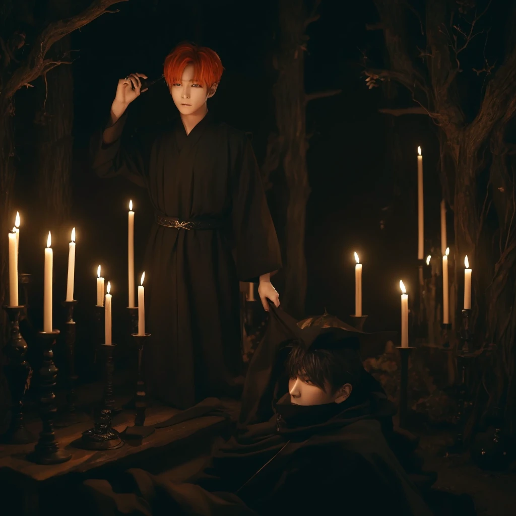 Hyunjun hur actor and kpop idol more realism in hair and clothing hair orange, Generate an image of a Korean Kpop idol with bright orange hair, dressed in a black shirt and a tunic of the same color, surrounded by dark witches and warlocks in a coven. The background must be dark and gloomy, lleno de velas y witchcraft symbols.Create a visual representation of a Korean Kpop actor, with a spinal crown on his head, dressed in a black tunic and black shirt in a coven setting. Around it, dark witches casting curses, with a shadowy forest full of candles as a backdrop.Produces an image where a Korean Kpop idol, recognizable by his bright orange hair, is immersed in an environment of witchcraft and curse. He is dressed in a black tunic and a dark shirt, surrounded by wizards and witches in a dark forest full of magical symbols.Korean kpop idol actor who is dressed in a black shirt, black tunic, with a crown of thorns on his head, he is in a witches coven, all dark witches, curse and witchcraft, the background that is dark dark, a black background in a forest full of candles and spells, witchcraft symbols, bright orange hair amidst candles at a coven.