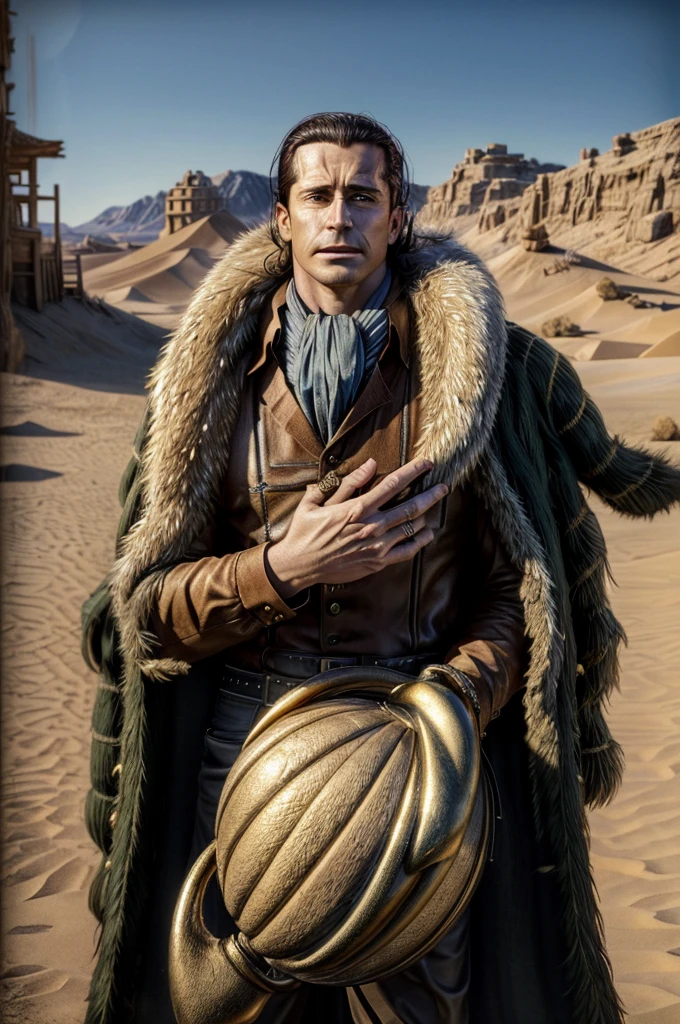 masterpiece, best quality, extremely detailed, hyperrealistic, photorealistic, a cool 40s man, ultra detailed face:1.2, fur-trimmed coat, scarf around the neck, his left hand is a golden pirate hook:1.1, desert, city, arm up, holding sack, outraged