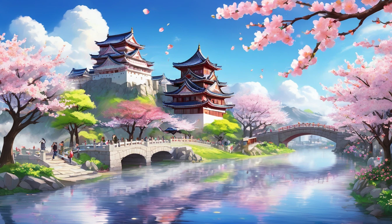 Background detail scene:
City Type:
Castle is a cherry tree々Surrounded by、Beautiful petals dancing in the wind。Colorful flowers bloom all around the castle.、It creates an elegant atmosphere。
Castle town is a small house々Lined up、Flowers in the garden and along the road々is in full bloom、Feel the coming of spring。
weather:
In spring sunny weather、The blue sky is spreading。Cherry blossoms in full bloom swaying in the wind、The petals fluttering down are beautiful.。
The bright sunlight of the day envelopes the entire town.、Painting colorful landscapes。