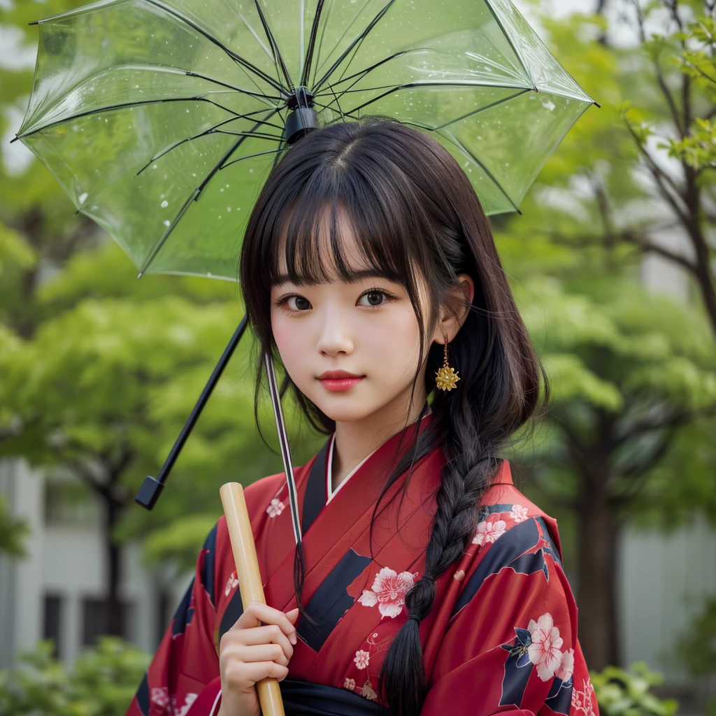 cute girl in a red kimono holding a yellow umbrella, realistic 4K