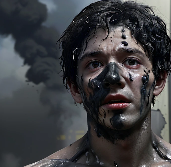 In a comedy, a boy is left in tatters and covered in soot after a bomb explodes.