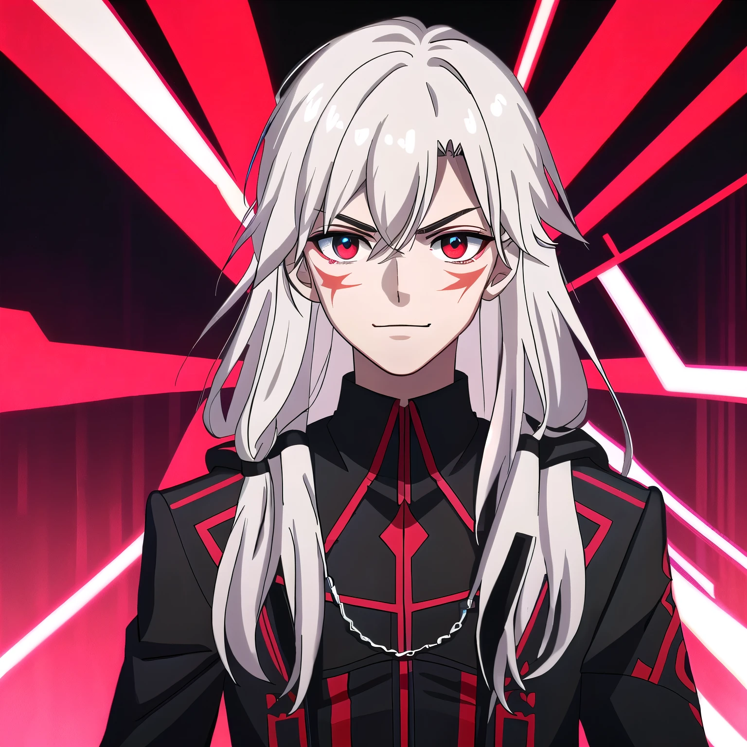 (high-quality, breathtaking),(expressive eyes, perfect face) portrait, Symmetrical Eyes, 1boy, male, teenager, solo, looking at viewer, portrait, black background, red and black magic background, allen walker, red eye color, white hair, scar, facial mark, halfbody shot, long hair length, confident expression, charming, black purple jacket, hood, red trim, smirk, cyberpunk, Abzu
