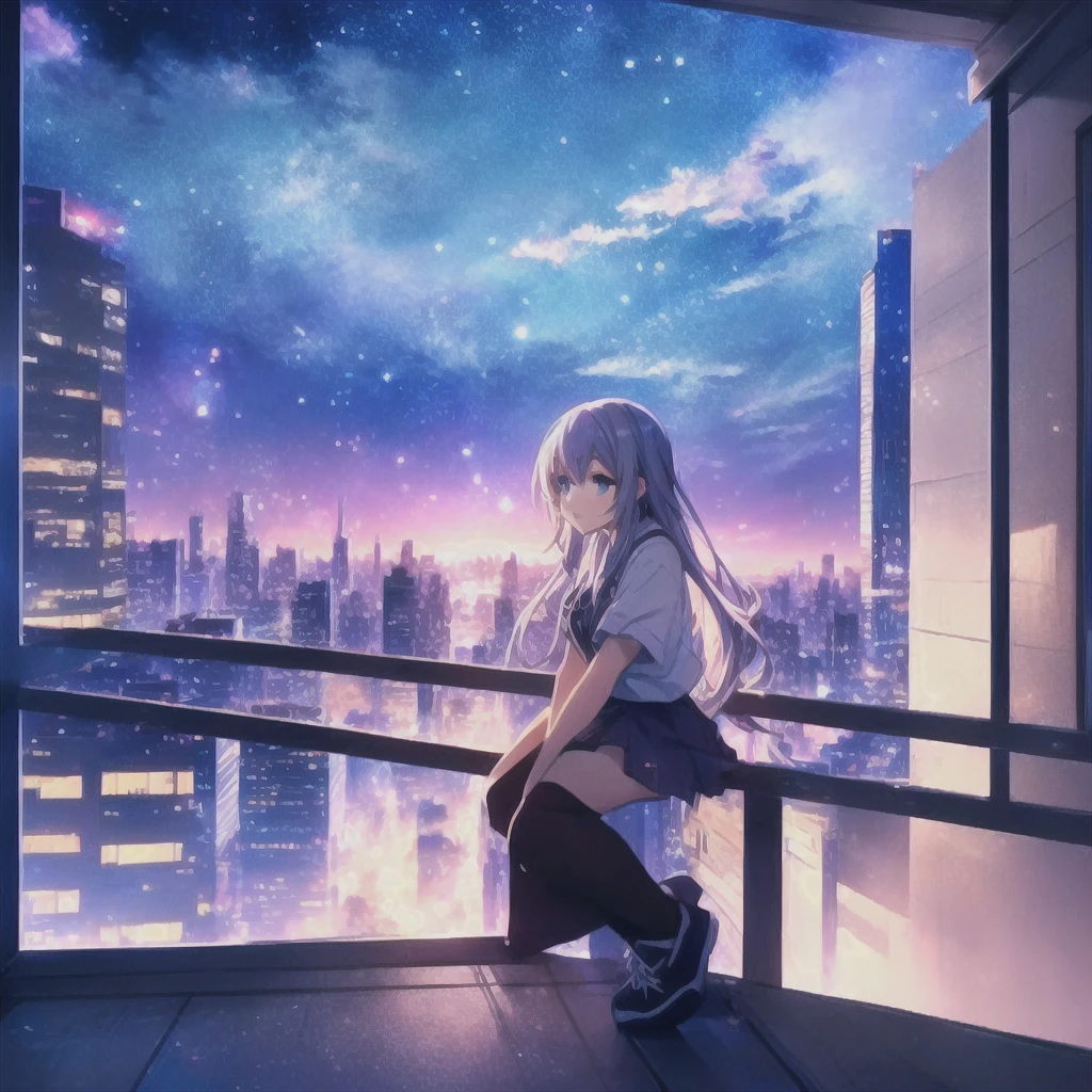 anime girl sitting on window ledge looking out at city skyline, nightcore, anime style 4 k, anime art wallpaper 4 k, anime art wallpaper 4k, anime wallpaper 4k, anime wallpaper 4 k, 4k anime wallpaper, anime art wallpaper 8 k, ultra hd anime wallpaper, anime vibes, anime girl desktop background, anime background, anime aesthetic