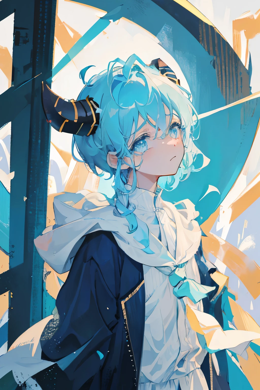 A boy with light blue hair, horns, mourning clothes and tears in his eyes.