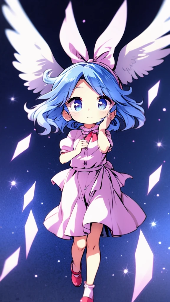 masterpiece, best quality, 1girl, , , 10 years old, medium blue hair, hair flaps, pink ribbon on head, well-formed face, blue eyes, angel girl, white blouse, puffy short sleeves, red ribbon, angel wings, long white skirt, red shoes, frills, ribbon head