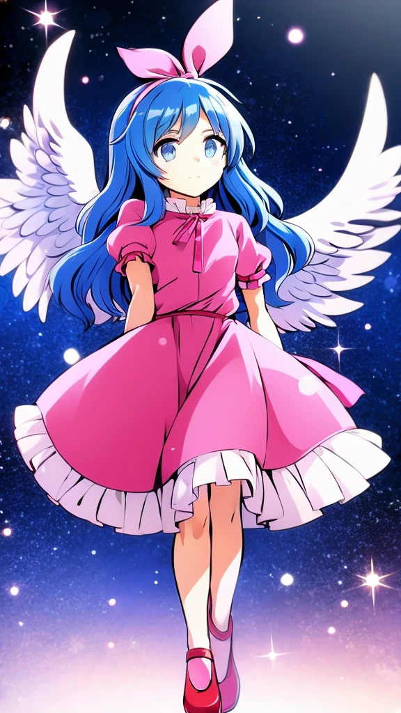 masterpiece, best quality, 1girl, , , 10 years old, medium blue hair, hair flaps, pink ribbon on head, well-formed face, blue eyes, angel girl, white blouse, puffy short sleeves, red ribbon, angel wings, long white skirt, red shoes, frills, ribbon head