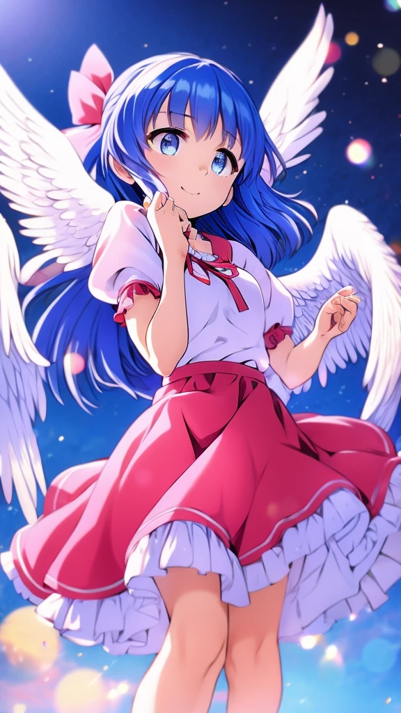 masterpiece, best quality, 1girl, , , , medium blue hair, hair flaps, pink ribbon on head, well-formed face, blue eyes, angel girl, white blouse, puffy short sleeves, red ribbon, angel wings, long white skirt, red shoes, frills, ribbon head