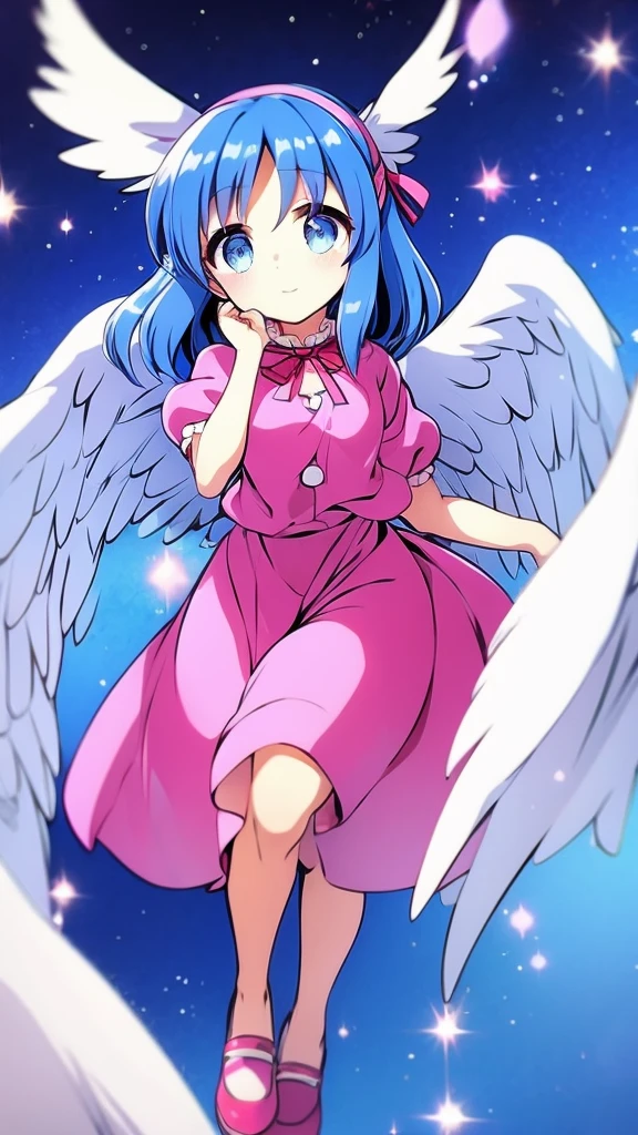 masterpiece, best quality, 1girl, , , 10 years old, medium blue hair, hair flaps, pink ribbon on head, well-formed face, blue eyes, angel girl, white blouse, puffy short sleeves, red ribbon, angel wings, long white skirt, red shoes, frills, ribbon head