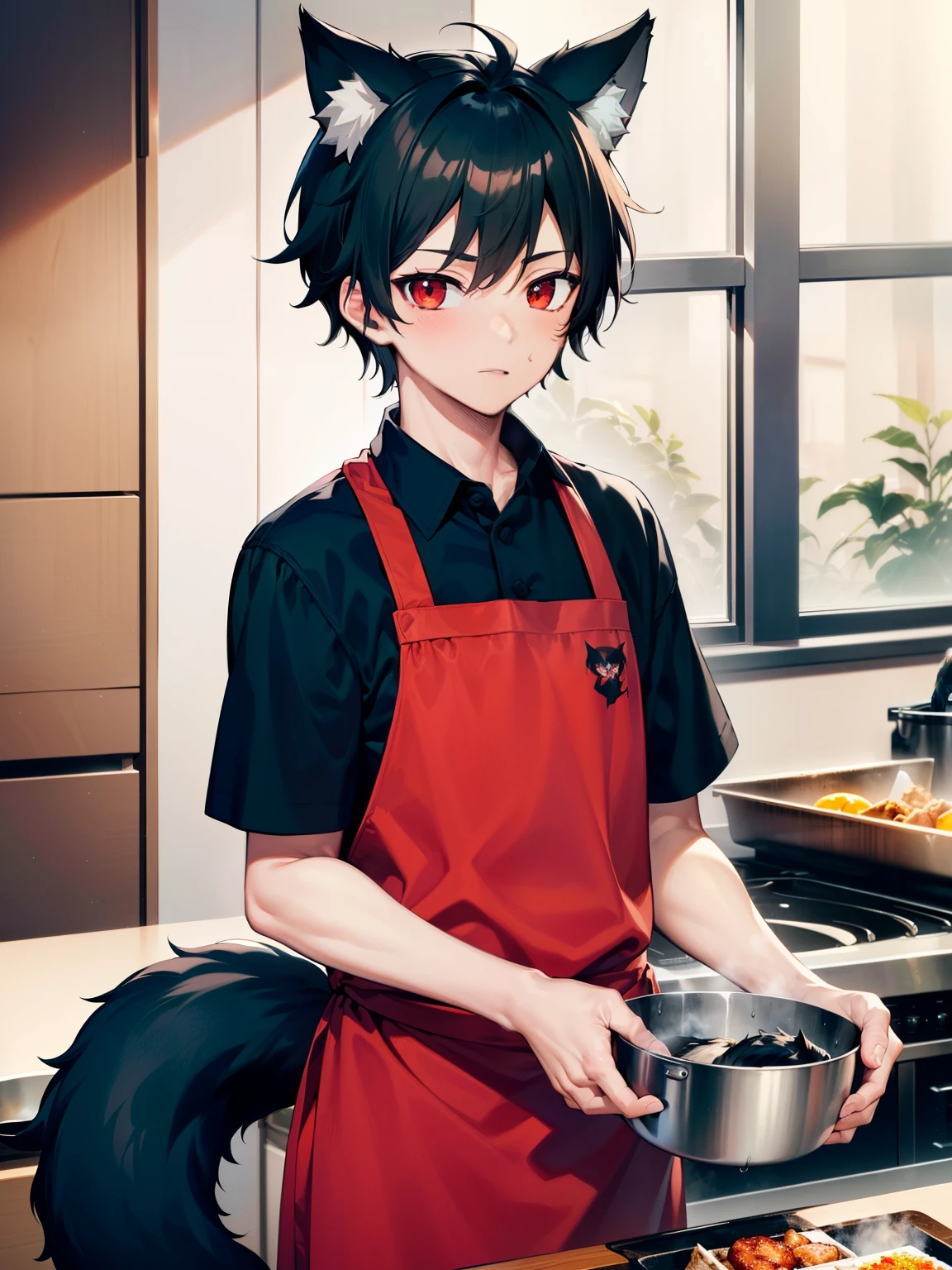 ((masterpiece, best quality, anime)), ((19 year old Boy)), ((4'6ft)) cute, ((Black messy short hair)) Black ,((Red eyes)), ((Black Really Fluffy Wolf tail)) ((1tail)) ((Black Wolf ears)), Cute expression, chef cooking