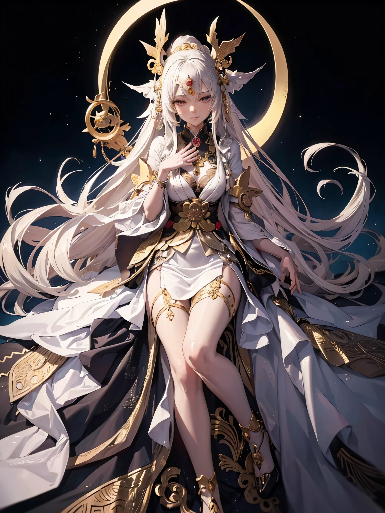 Anime girl with long blond hair and gold jewelry in front of black background, onmyoji detailed art, anime goddess, portrait onmyoji, Onmyoji, white haired god, the goddess artemis smirking, goddess of the moon, intricate gorgeous anime CGI style, Beautiful fantasy empress, Works of the Goddess of Sorrow, goddess of the moon, goddess of the moon