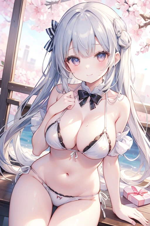 nsfw, 1 girl, long white hair, white cat ears, blue heterochromia, red heterochromia, big breasts, short top, low angle, angle from below, view from below.